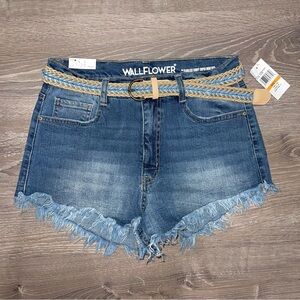 Wallflower Fearless Curvy Super High Rise Frayed Denim Shorts with Braided Belt